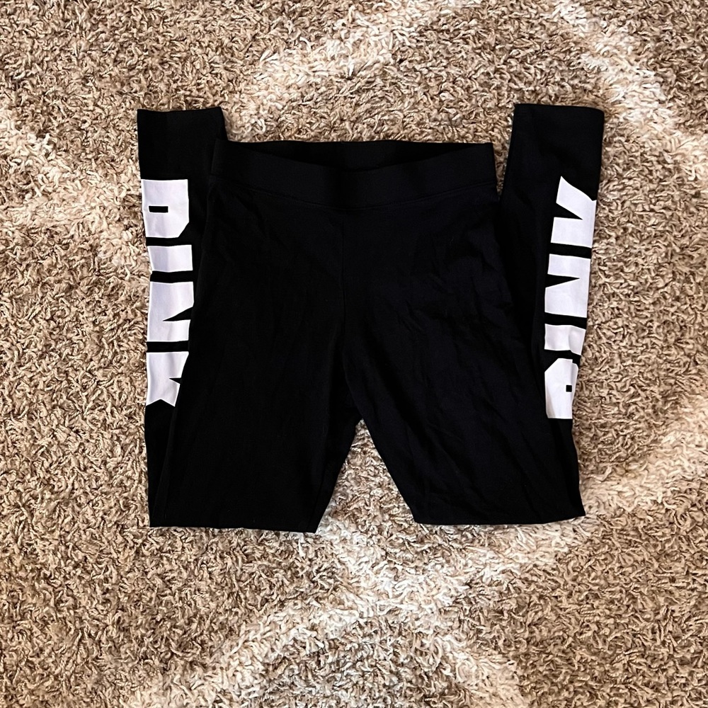 PINK Victoria's Secret Black Leggings with White Logo Panels